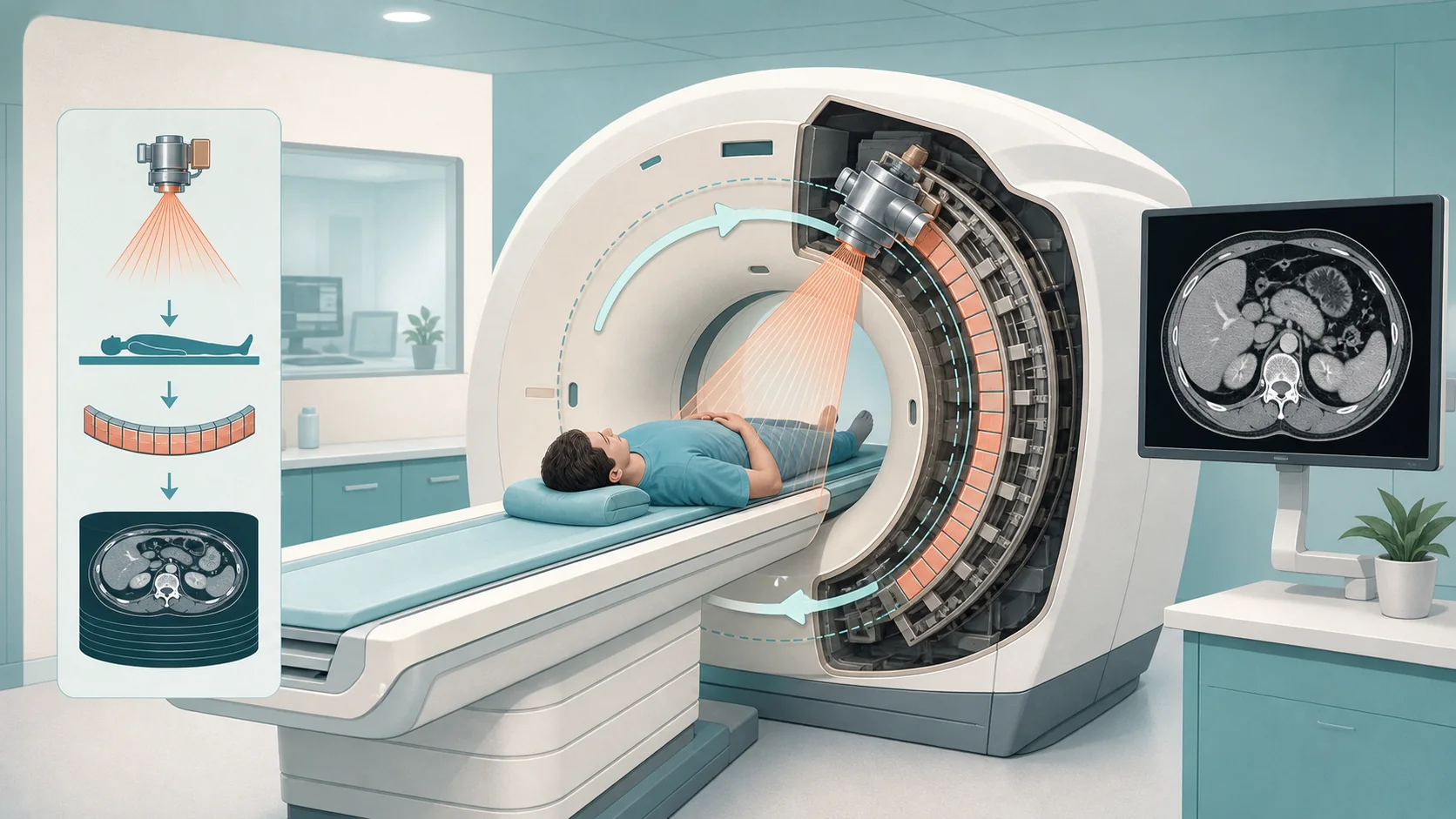 Illustrated CT scanner creating cross-sectional medical images