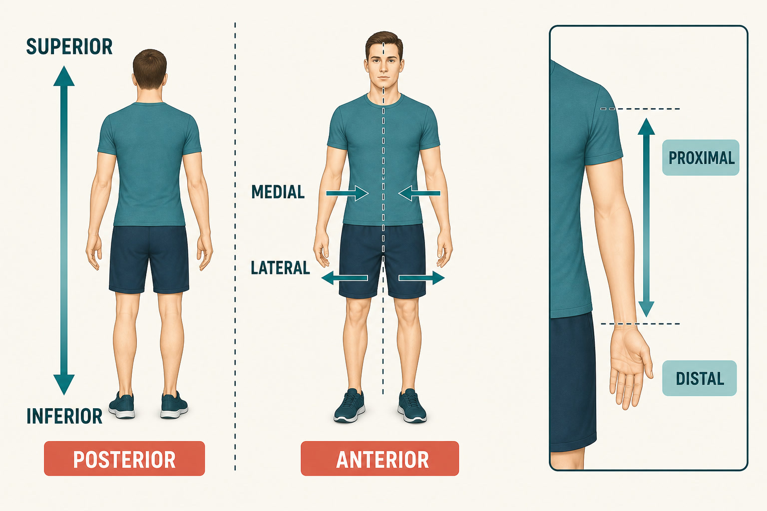 Clothed anatomical figure illustrating superior, inferior, anterior, posterior, medial, lateral, proximal, and distal directions
