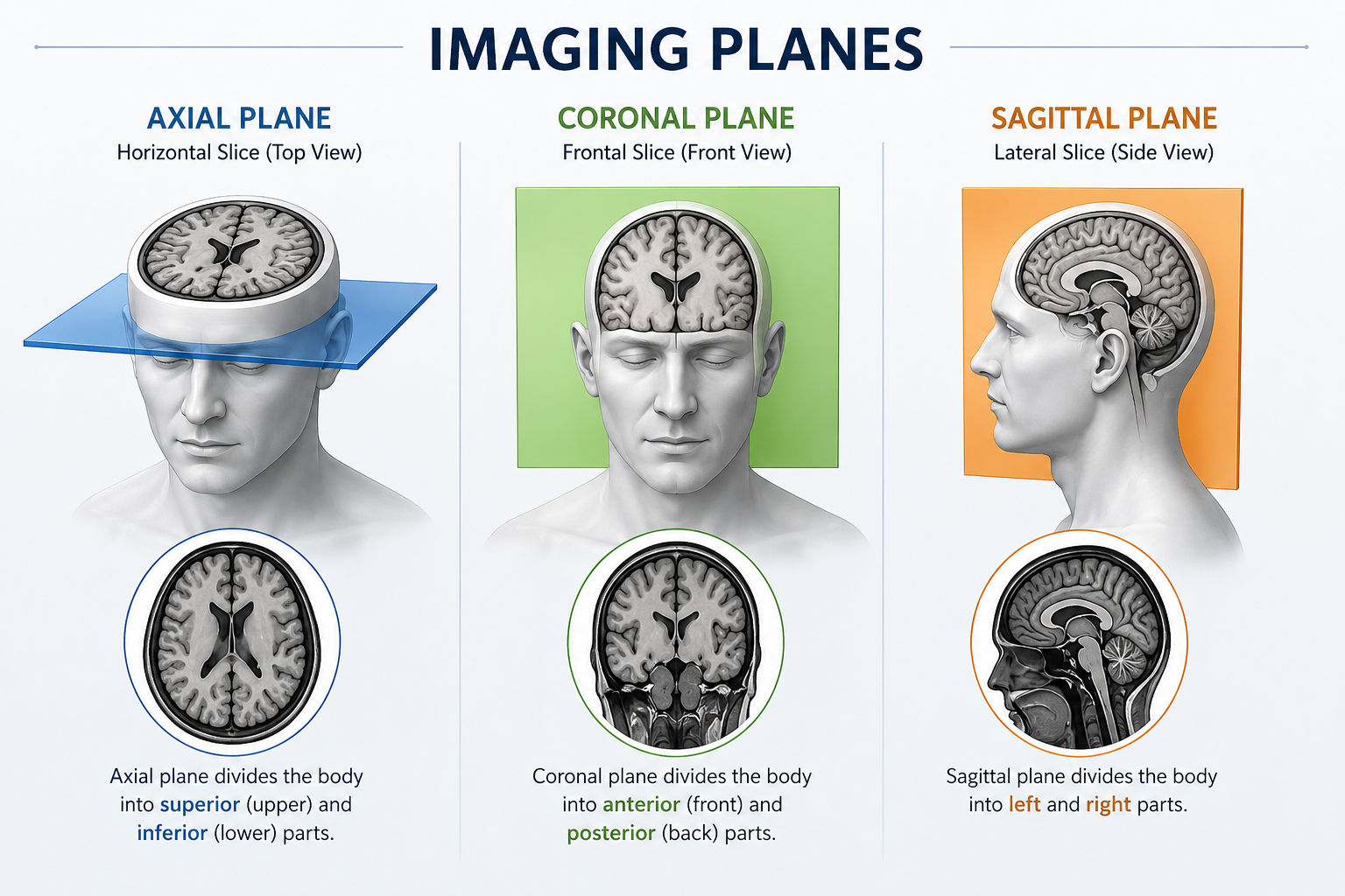 Imaging planes guide showing axial, coronal, and sagittal views